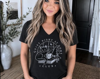 Black Cat Witchy V-Neck Shirt, Cozy Homebody Tee, Vintage Illustration Style