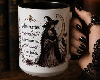Witch Mug, Victorian Gothic Coffee Cup, Raven Crescent Moon, Witchy Gift (11oz 15oz)