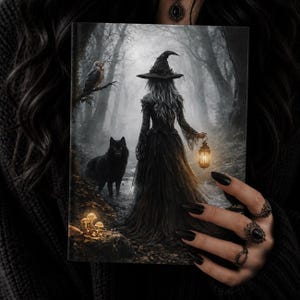 May include: A book cover featuring a dark fantasy scene. It depicts a witch in a black dress and hat, holding a lantern, with a black wolf and an owl in a misty forest. The artwork has a gothic and mystical theme.