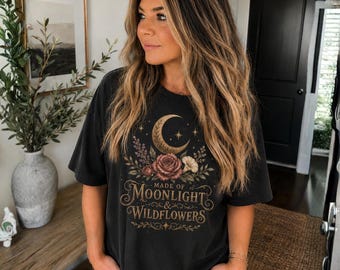 Moonlight & Wildflowers Tee | Crescent Moon, Roses, Boho Floral