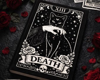 Death Tarot Cat Hardcover Journal, Gothic, Witch Black Cat Notebook with 'Death' Tarot