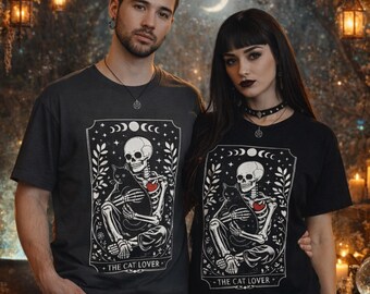 Skeleton Cat Tarot Card Shirt: Gothic Witchy Cat Lover Tee
