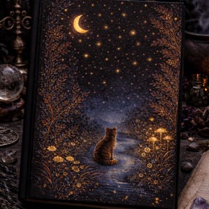May include: A hardcover book with a celestial illustration. The cover features a brown cat sitting by a stream under a starry night sky with a crescent moon. The artwork includes trees, flowers, and mushrooms in shades of gold, brown, and blue.