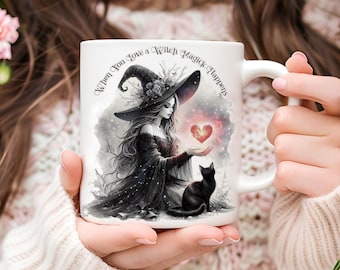 Witch Magick Coffee Mug, Romantic Valentine Gift, Witch and Cat Illustration