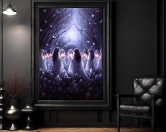 Lámina de aquelarre místico, arte mural de rituales de mujeres a la luz de la luna, reunión de brujas del bosque