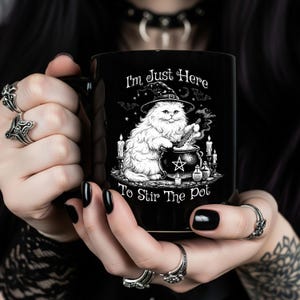 Witchy Cat Mug: Stir the Pot Sarcastic Black Cat Coffee Cup – Gothic Halloween Gift