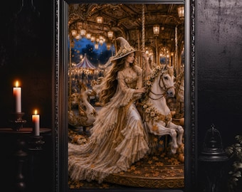 Autumn Witch Carousel Print, Victorian Romance Wall Art, Pagan Fairground Horse Decor