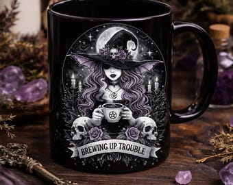 Witch Brewing Up Trouble Mug | Black Ceramic Coffee Cup
