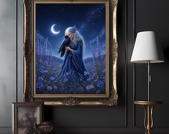 Moonlit Embrace Crone Art Print, Raven Witch Wall Decor