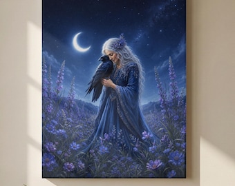 Pagan Crone and Raven Canvas Art, Moonlit Witchy Spiritual Decor Print
