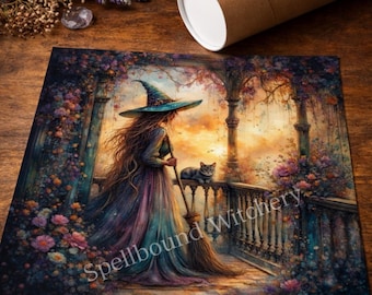 The Cottage Porch Witch Art Print with Cat Magical Witchy Home Decor