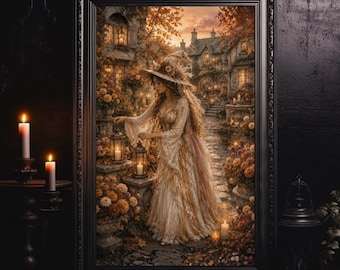 Autumn Witch Print, Cottagecore Garden Lantern Art, Chrysanthemum Fall Decor