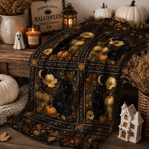 Peut inclure: Un chemin de table en tissu rectangulaire présentant un fond bleu marine foncé avec un motif répétitif de chats noirs, de citrouilles orange, de croissants de lune dorés et de fleurs blanches, encadré par des bordures de feuilles d'automne.