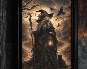 Samhain Crone Crossroads Print, Autumn Witch Art, Pagan Wall Decor, Raven, Black Cat