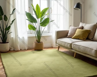 Luxury Hand Tufted Green Wool Rug, Minimalist Solid Area Rug, Custom Handmade Carpet