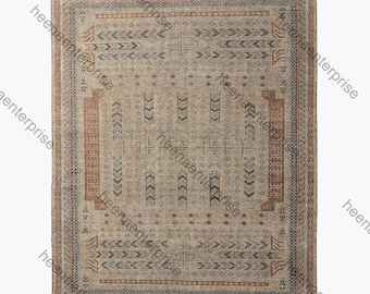 Vintage Tribal Wool Rug, Hand Knotted Afghan Rug, Neutral Beige Area Rug, Rustic Geometric Carpet, Antique Style Boho Living Room Rug