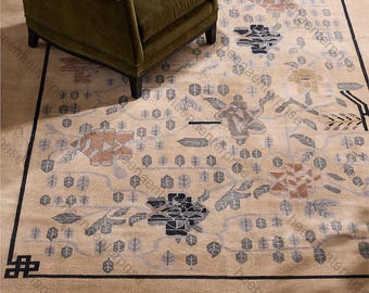 Hand Knotted Art Deco Rug, Chinese Wool Rug, Beige Oriental Area Rug, Vintage Floral Carpet, Antique Style Handmade Rug, Custom Size