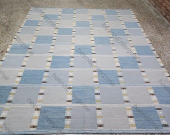 Handgewebter Blauer Teppich, Handgewebter Blauer Karierter Wollteppich, Geometrischer Teppich, Flachgewebe Teppich, Handgewebter Teppich
