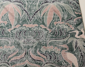 Luxus Handgeknüpfter Blumenteppich, Grün Rosa Botanischer Teppich, Künstlerischer Wollteppich, Zeitgenössischer Handgefertigter Wohnkultur Teppich