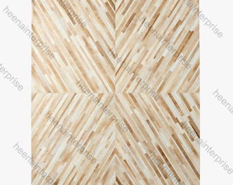 Genuine Leather Patchwork Rug, Modern Geometric Area Rug, Beige Brown Cowhide Carpet, Luxury Designer Living Room Decor