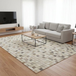 Può includere: Un soggiorno moderno con un divano grigio chiaro, cuscini decorativi e un tavolino in legno con struttura in metallo nero. Un tappeto fantasia copre il pavimento. Un televisore nero è montato a parete sopra una mensola in legno.