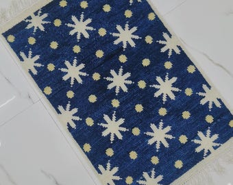 Hand Knotted Blue Wool Rug, Modern Oushak Style Area Rug, Star Pattern Carpet