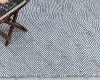 Hand Woven Wool Rug, Blue Diamond Pattern Flatweave Carpet, Modern Living Room Mat