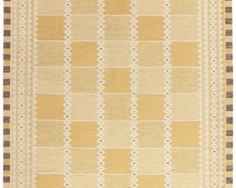 Gelber Skandinavischer Kelim Wollteppich | Moderner Geometrischer Flachgewebe Teppich