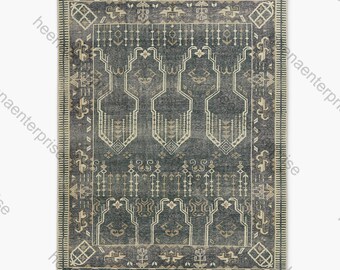 Dark Grey Tribal Rug, Hand made knotted Carpet, Vintage Southwestern Area Rug, Rustic Bohemian Wool Rug