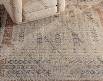 Hand-Knotted Wool Southwestern Rug, Beige Tribal Geometric Area Carpet