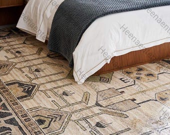 Hand Knotted Tribal Beige Rug,Vintage Persian Anatolian Rug,Wool Area Rug,Antique Neutral Living Room Carpet,traditional Oushak turkish rugs