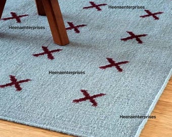 Modern Hand Woven Wool Rug, Light Blue Geometric Area Rug, Nordic Minimal Carpet, Custom Handmade Living Room Rug