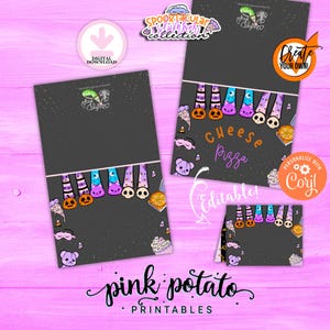 May include: Digital download printable set with a Halloween theme. The design features a dark grey background with colourful illustrations of pumpkins, ghosts, and pizza. The text "Cheese Pizza" is written in orange and purple. The set includes various editable templates.