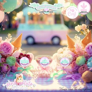 May include: A whimsical display featuring an ice cream truck backdrop, adorned with floral arrangements, ice cream cones, and glass bowls filled with maraschino cherries, sprinkles, and marshmallows. The scene is decorated with balloons and ribbons, with text that reads "Pink Potato Printables".