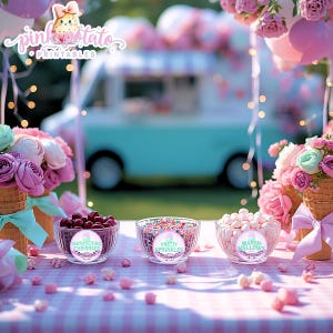 May include: A festive outdoor scene with a light blue ice cream truck in the background. Three glass bowls on a pink and white checkered tablecloth contain maraschino cherries, sprinkles, and marshmallows. Floral arrangements and balloons add to the party atmosphere.