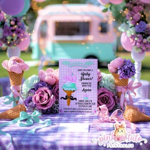 May include: A baby shower invitation with a pastel ice cream cone design, surrounded by floral arrangements and ice cream cones. The invitation features the text "Join us for a Baby Shower!" and details for Laura's shower.