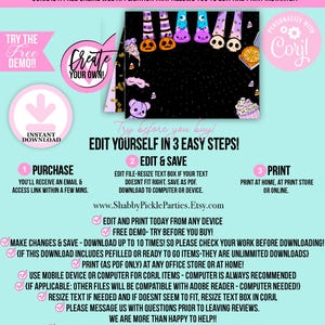 May include: A promotional graphic in pink and black, advertising a service. Text includes "EDIT & PRINT TODAY WITH CORJL (ONLY)" and "Create YOUR OWN!" The image features Halloween illustrations and instructions for editing and printing online.