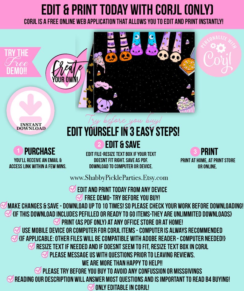 May include: A promotional graphic in pink and black, advertising a service. Text includes "EDIT & PRINT TODAY WITH CORJL (ONLY)" and "Create YOUR OWN!" The image features Halloween illustrations and instructions for editing and printing online.