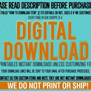 May include: A teal background with gold confetti and orange text that reads "DIGITAL DOWNLOAD." The text also states that the shop does not print or ship items. Additional text advises to read the description before purchasing.