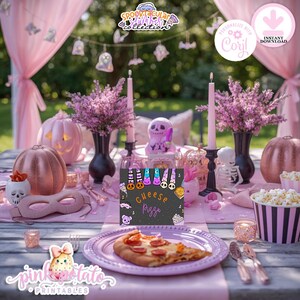 May include: A Halloween-themed table setting with pink and black decorations. The table features a pizza slice on a purple plate, a chalkboard sign that says "Cheese Pizza", and decorative pumpkins. The scene is set outdoors with pink draping and floral arrangements.