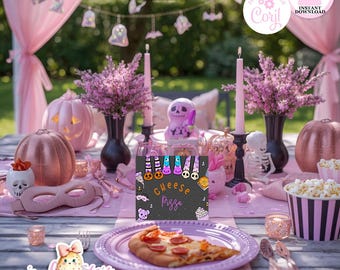 May include: A Halloween-themed table setting with pink and black decorations. The table features a pizza slice on a purple plate, a chalkboard sign that says "Cheese Pizza", and decorative pumpkins. The scene is set outdoors with pink draping and floral arrangements.