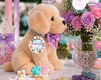 Puppy Pawty-Adopted At Stickers-Edit in Corjl-Custom Birthday Girls Name-Puppy Adoption Label-Puppy Party-Birthday-Digital-INSTANT DOWNLOAD
