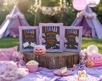 May include: A Halloween-themed display with framed chalkboard signs, a carved pumpkin, and decorative items. The signs read "Pillow Decorating", "Welcome to the Spooktacular Slumber Party!", and "Party Favors". The scene is set outdoors with teepee tents in the background, creating a party atmosphere.