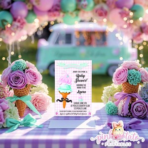 May include: A baby shower invitation with a pink and mint ice cream cone design. The invitation is on a checkered background and includes the text "Join us for a Baby Shower!" and event details. Floral arrangements and an ice cream truck are in the background.