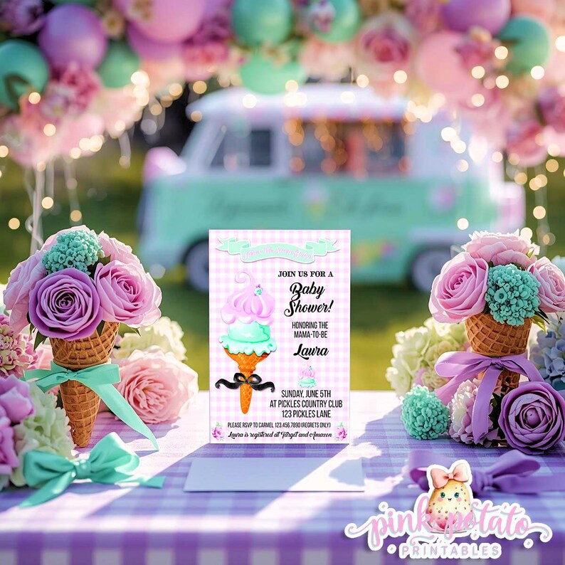 May include: A baby shower invitation with a pink and mint ice cream cone design. The invitation is on a checkered background and includes the text "Join us for a Baby Shower!" and event details. Floral arrangements and an ice cream truck are in the background.