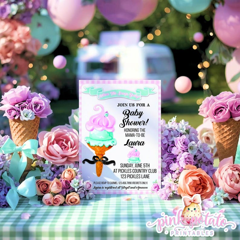 May include: A baby shower invitation with a pink and mint green ice cream cone design. The invitation includes the text "Join us for a Baby Shower!" and details for the event, surrounded by flowers and balloons.