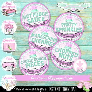 May include: A collection of round ice cream topping cards with pink and mint green accents. Each card features a different topping name: Hot Fudge Sauce, Pretty Sprinkles, Maraschino Cherries, Cookie Dough Pieces, and Chopped Nuts. The cards are labeled "Ice Cream Toppings Cards."