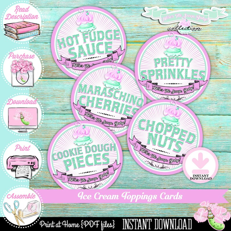May include: A collection of round ice cream topping cards with pink and mint green accents. Each card features a different topping name: Hot Fudge Sauce, Pretty Sprinkles, Maraschino Cherries, Cookie Dough Pieces, and Chopped Nuts. The cards are labeled "Ice Cream Toppings Cards."