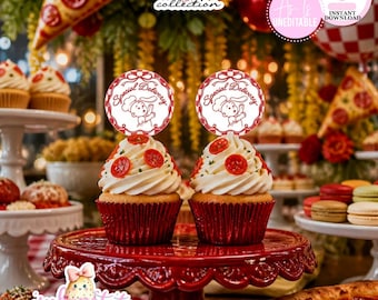 Pode incluir: Dois cupcakes com cobertura branca e fatias de pepperoni vermelho, cobertos com toppers de papel circulares com uma ilustração de um bebé chef e o texto Special Delivery. Os cupcakes estão num suporte de bolo vermelho com rebordo.