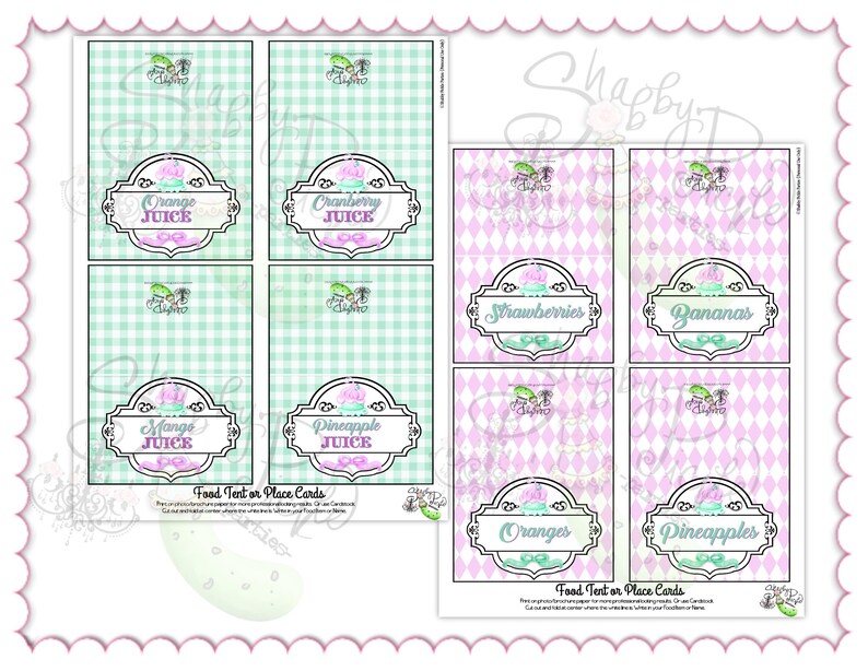 May include: Printable food tent or place cards with a pink and green theme. The cards feature labels for various fruits and juices, including orange, cranberry, mango, pineapple, strawberries, bananas, and oranges. The background has a gingham or diamond pattern.